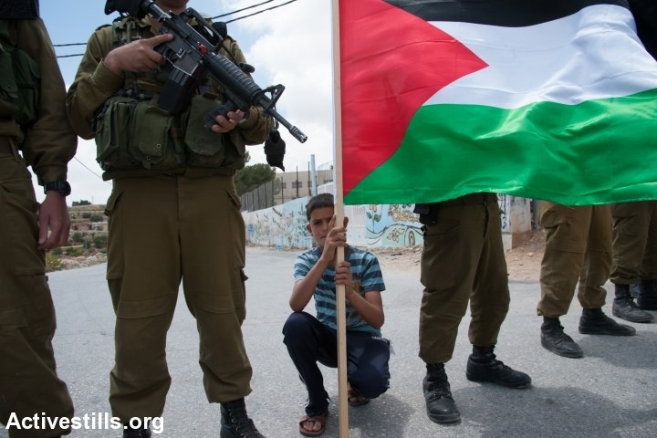 Palestinian activists confront Israeli soldiers during the weekly demonstration against the Israeli separation barrier in the West Bank village of Al Ma'sara, June 6, 2014. The separation barrier would cut off the village from its agricultural lands if it is built as planned (Photo: Activestills)