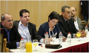 Press conference held by the new Hadash-Arab parties United List in Nazareth, last Friday. Second from left, Attorney Ayman Odeh from Hadash, the number one candidate heading the list.