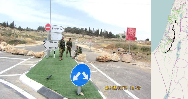 The newly repaved Beitin Road, accessing Route 60, is again closed to Palestinian traffic by occupation forces. Right, route of the "Way of the Patricharchs" - Route 60