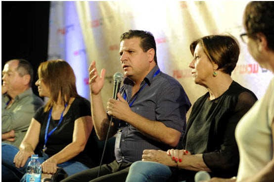 Joint List Chairman MK Ayman Odeh (Hadash), former Labor chairwoman MK Shelly Yachimovich and Meretz chairwoman MK Zehava Galon at Peace Now conference in Tel-Aviv, July 24, 2015