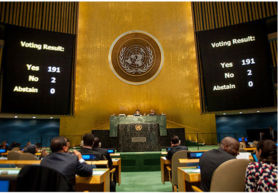 Results of last Tuesday’s vote on the US blockade against Cuba are displayed in the United Nations General Assembly.