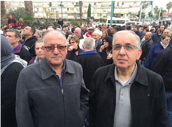 Hadash Histadrut fraction leaders, Majid Abu-Younes and Suhail Diab at the Mega workers’ demonstration, last Sunday, in Tel-Aviv