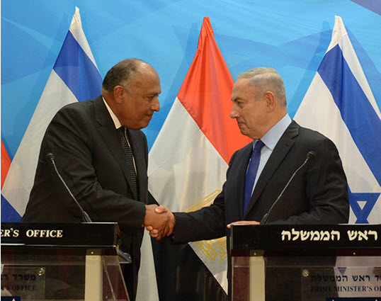 Egyptian Foreign Minister Sameh Shoukry with Israeli PM Benjamin Netanyahu in Jerusalem, Sunday, July 10