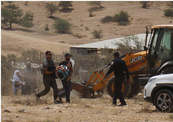 Police arrest a youth from Umm al-Hiran as construction crews prepare to build a fence around village homes, July 31, 2016.