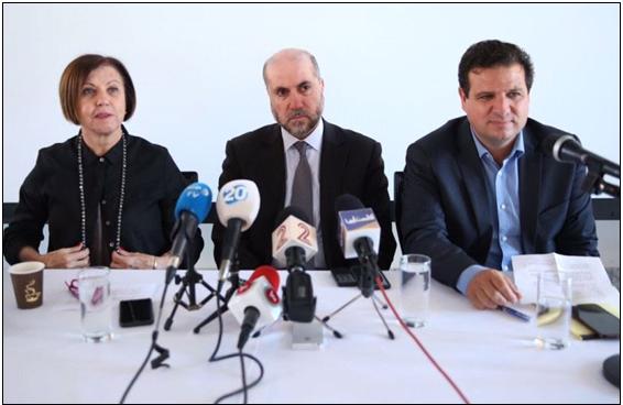 Meretz Chairwoman MK Zehava Gal-On, a senior Palestinian official, Mahmud Habash and Hadash MK Ayman Odeh, head of the Joint List during a press conference held at the American Colony Hotel on Wednesday, May 24