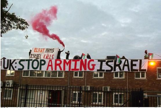 BDS activists in England protest against Elbit, an Israeli company that supplies advanced airborn systems and products to military aircraft manufacturers