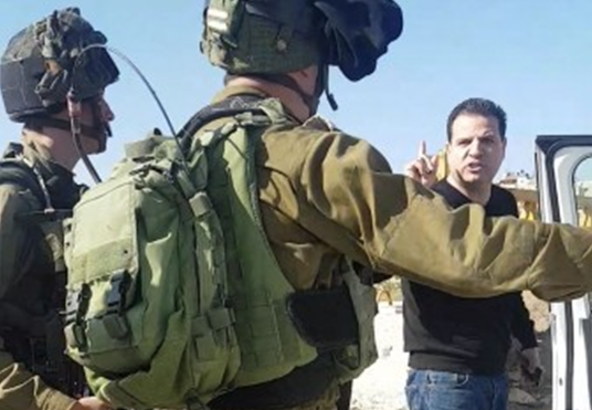 MK Ayman Odeh confronts occupation soldiers near Nabi Saleh on Saturday, January 14