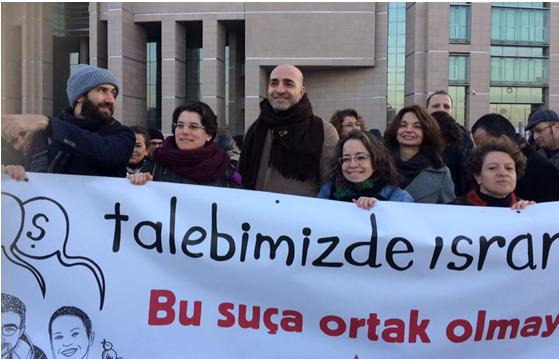 Israeli academics protest outside an Istanbul courthouse alongside Turkish lecturers 150 of whom are on trial for signing a petition calling for peace between Turkey and its Kurdish citizens.