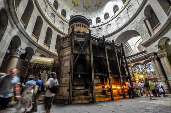Inside the Jerusalem’s Church of the Holy Sepulcher, traditionally recognized by Christians as the site of Jesus’ crucifixion, burial and resurrection