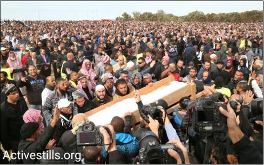 Thousands attend the funeral of Yacoub Musa Abu al-Qee’an in the Bedouin village of Umm al-Hiran. Abu al-Qee’an was shot dead by police as security forces demolished homes in the village, January 24, 2017