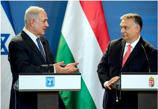 Prime Minister Benjamin Netanyahu and his Hungarian counterpart Viktor Orban during a joint press conference they held at the parliament in Budapest a year ago, July 18, 2017