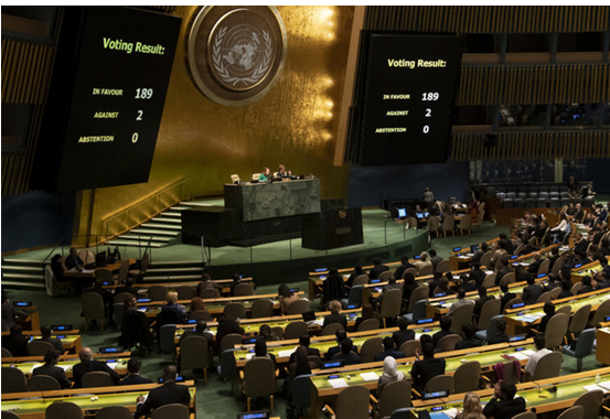The UN General Assembly on Thursday, November 1, where 189 UN member states voted in favor of renewing the GA’s call to end the American embargo against Cuba; only the US and Israel voted against the resolution.