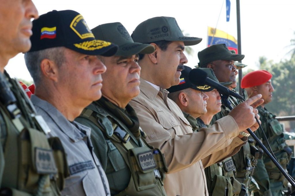President Maduro and Venezuelan army officers Sunday, January 27, during their country's Bicentenario de Angostura 2019 military maneuvers