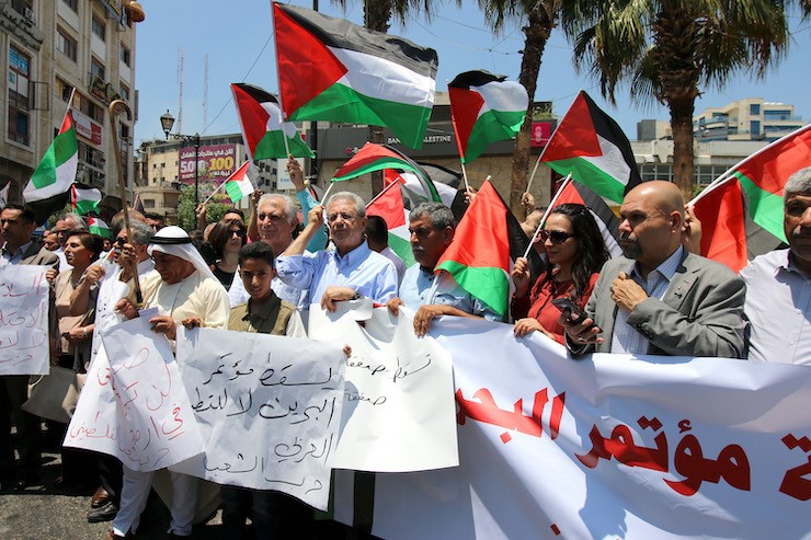 Palestinians marched through Ramallah on Saturday, June 15, to protest the US-sponsored economic workshop scheduled for today and tomorrow, June 25-26, in Bahrain as part of the Trump administration’s “Deal of the Century” plan for ending the conflict.