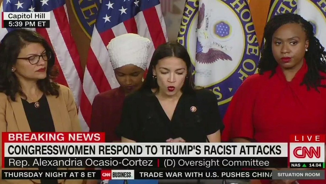 From left to right, US Congresswomen Rashida Tlaib, Ilhan Omar, Alexandria Ocasio-Cortez and Ayanna Pressley during a press conference in the Capitol building in Washington DC, last Monday, July 15