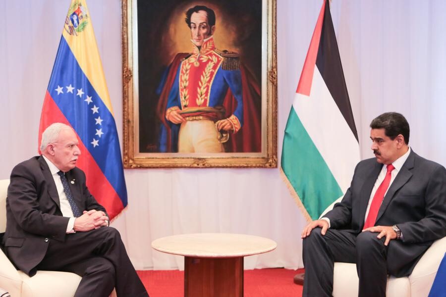 President Nicolas Maduro, right, during his meeting with the Palestinian Minister of Foreign Affairs, Riyad al-Malki, in Caracas, Venezuela