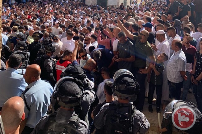 Israeli police officers in the compound just outside the Al-Aqsa Mosque where they confronted thousands of Palestinian Muslims the first day of Eid Al-Adha, Sunday, August 11.