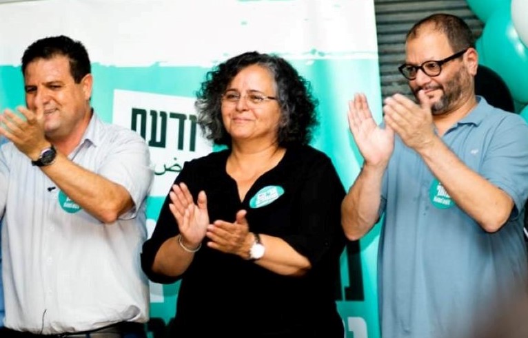 Hadash MKs Ayman Odeh, Aida Touma-Sliman and Ofer Cassif at an election campaign rally in South Tel Aviv, last Tuesday evening, September 3