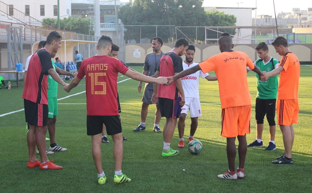 Football players of the Khadamat Rafah team during a training exercise in the Gaza Strip