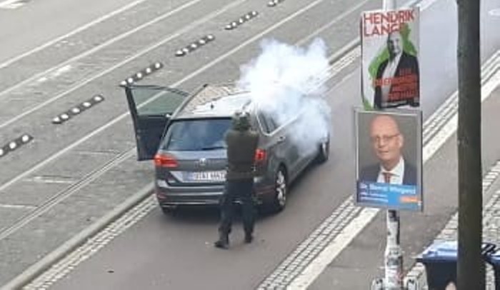 The 27-year-old neo-Nazi Stephan Balliet, recorded by a security camera on a street in the city of Halle in eastern Germany as he fires on passersby after he was unsuccessful in his attempt to break into a nearby synagogue with the intent of massacring worshipers there on the holiday of Yom Kippur, Wednesday, October 9
