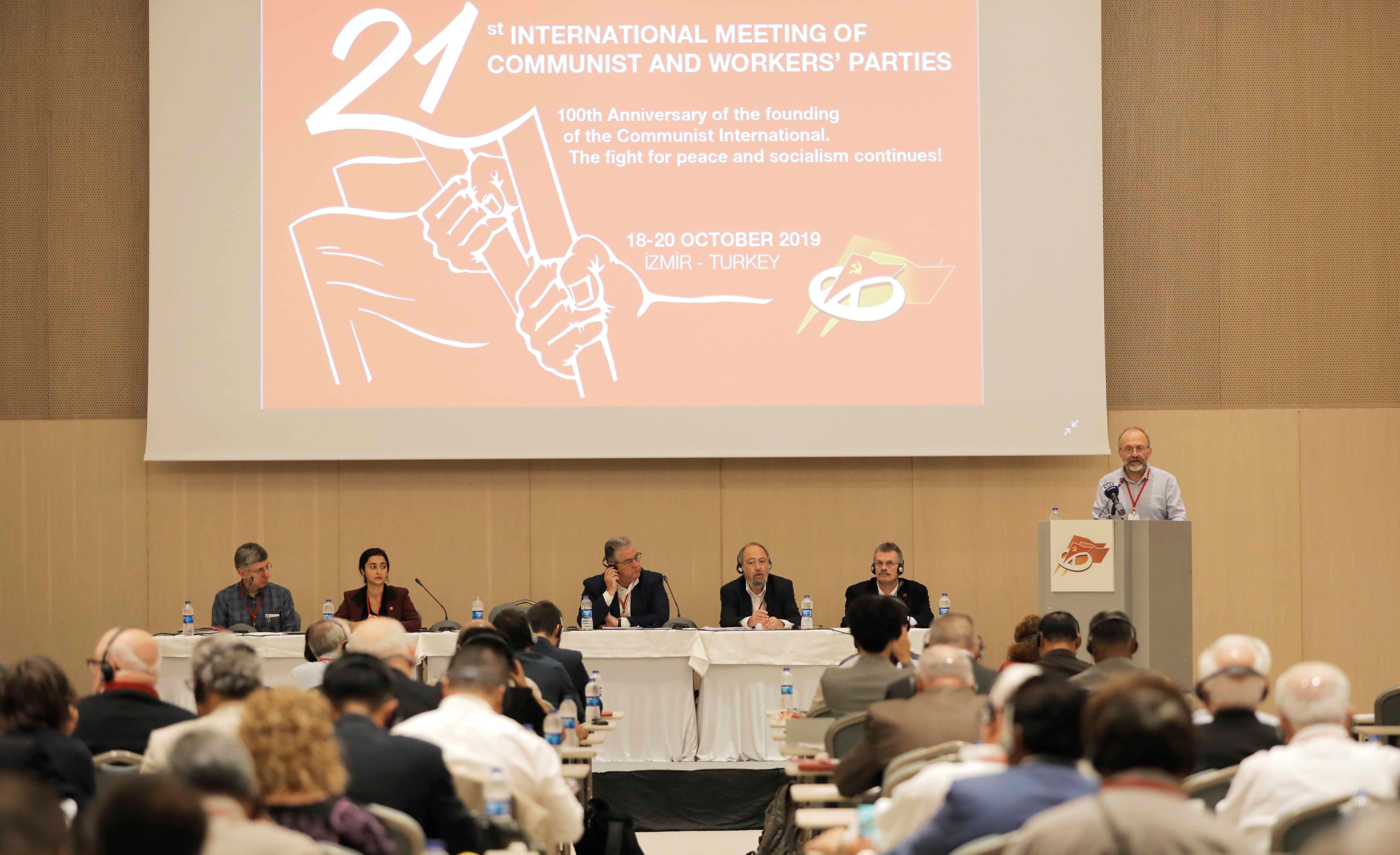 Communist Party of Turkey General Secretary, Kemal Okuyan, address delegates at the opening session of the 21st International Meeting of Communist and Workers' Parties held in Izmir, Turkey,  Friday, October 18, 2019..