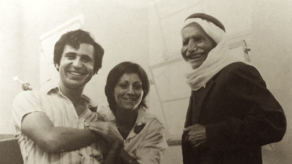 Lea Tsemel with her husband, well known leftist activist Michael Warschawski (Mikado), and the father of a Palestinian prisoner in an Israeli military court in Hebron in the occupied West Bank, 1973