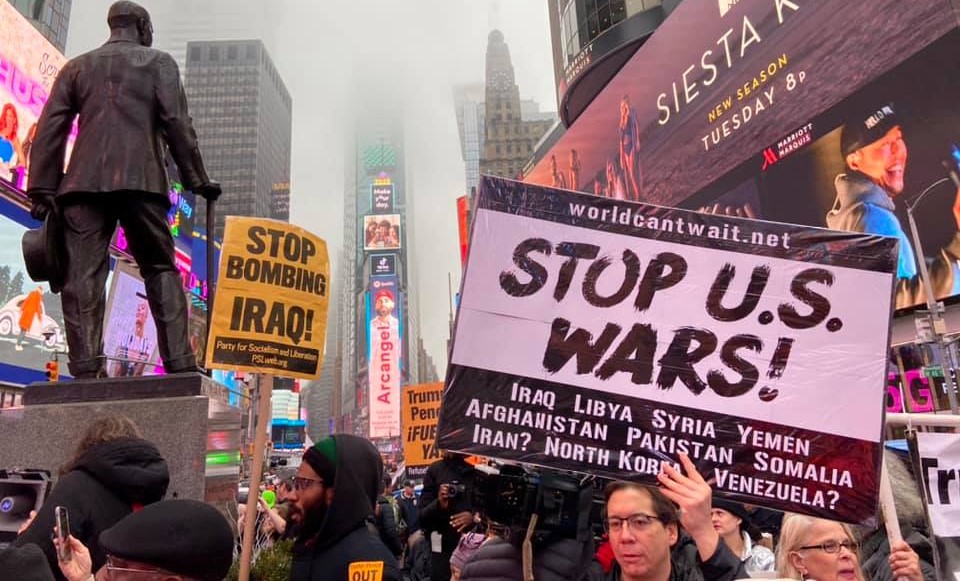 Demonstration in Times Square in New York City against US intervention in Iran following the US targeted assassination of General Qassem Soleimani