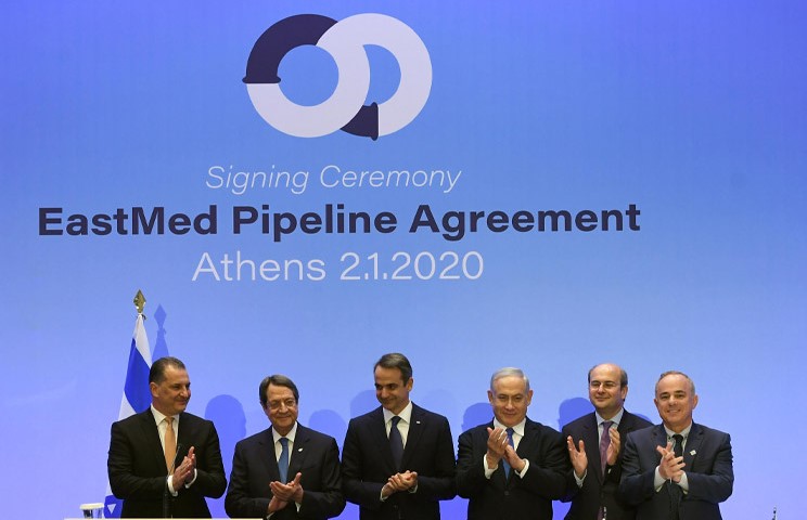 Israel's Prime Minister Benjamin Netanyahu (third from right), Greek Prime Minister Kyriakos Mitsotakis (third from left) and Cypriot President Nicos Anastasiades (second from left), met on January 2, 2020 in Athens, for the signing of the agreement for the EastMed gas pipeline that will run from Israel through Cyprus and Greece to Europe. Actually signing the agreement were Israel's Energy Minister Yuval Steinitz (first on right), Greek Environment and Energy Minister Konstantinos Hatzidakis (second from right) and Cypriot Energy, Commerce, Industry and Tourism Minister Georgios Lakkotrypis (first from left).