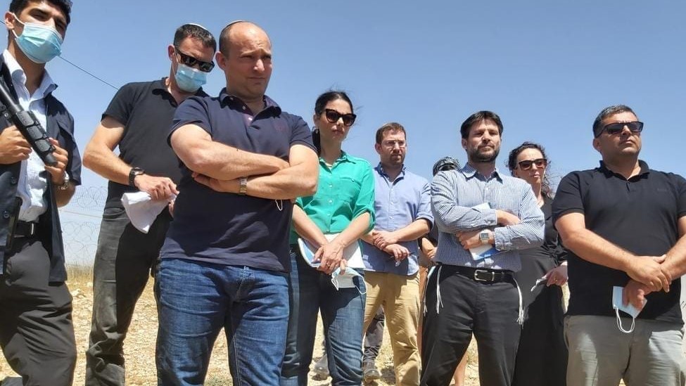 "Tough guys": Body language trumps all – MKs from Yamina during the tour they conducted in the Negev, last Thursday, June 11; Don't let the macho poses confuse you – these people are dangerous. Smotrich is second from right with arms folded. Yamina's leader, with even a more aggressive pose, is MK Naftali Bennet (third from left), Defense Minister in the previous government. Today, Yamina is in the opposition, in part because, with Netanyahu's hyper-inflated cabinet, they couldn't get the portfolios they sought; in part to outflank the Likud from the right. In the center, wearing the green blouse and brandishing a less "in your face" stance is MK Ayelet Sheked, a former Justice Minister who was and is committed to delimiting and weakening the status of the Supreme Court (High Court of Justice), so that the Knesset can be absolutely sovereign in fomenting ultra-right legislation that undermines universal human rights… Whose lives matter? According to Yamina's ideology, certainly not those of the Bedouin, let alone those of ay Arabs.