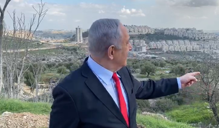 Netanyahu tours in occupied East Jerusalem in February 2020, when he lifted restrictions on the construction of the Givat Hamatos settlement.