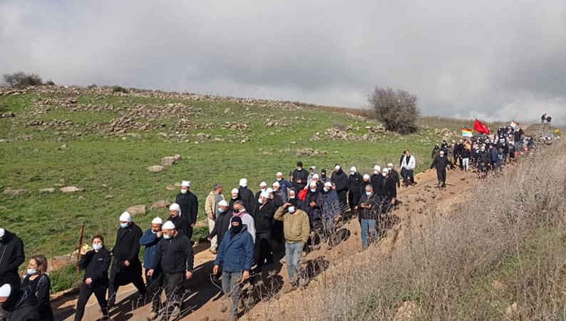 Syrian Druze marched in protest against the building of wind turbines on their agricultural lands in the occupied Golan Heights by an Israeli energy company, Wednesday, December 9, 2020.