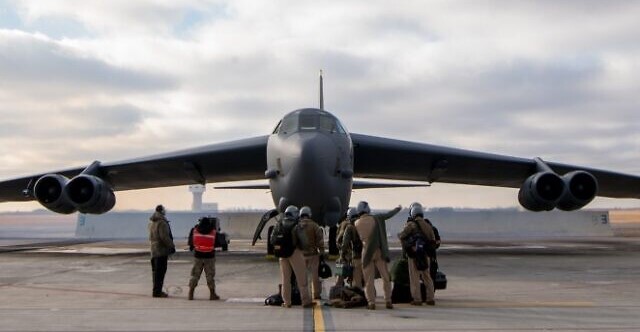 A B-52 heavy bomber prepares for takeoff before flying to the Middle East from Minot Air Base in North Dakota, November 21, 2020.