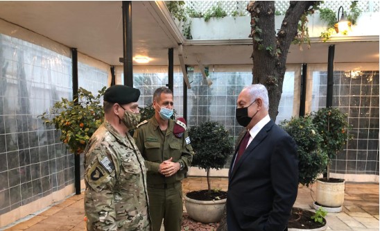 An obviously relaxed and confident Prime Minister Benjamin Netanyahu confers with the US Chairman of the Joint Chiefs of Staff Gen. Mark A. Milley, December 19, 2020. In the center is the Israel military's Chief of Staff Lt. Gen. Aviv Kochavi. Even the mask can't hide Netanyahu's satisfaction. Woe to us all if Israel's arrogant and corrupt prime minister gets his way in the end.