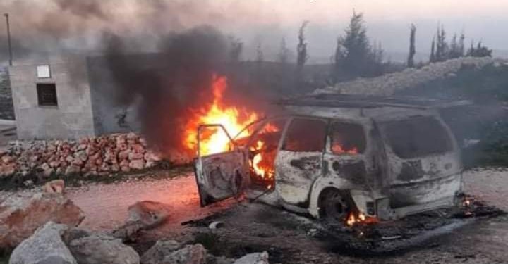 A Palestinian vehicle goes up in flames after being torched during an attack by violent Israeli settlers in the village of Kusra last Saturday, February 13, 2021.
