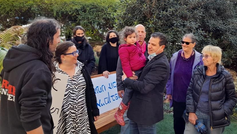 MK Ayman Odeh met with protesters outside his Haifa home, Friday, April 2, 2021.