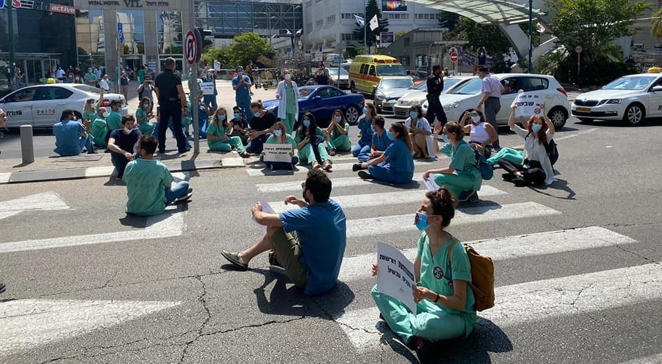 Interns block a street near Ichilov Hospital in central Tel Aviv during a previous strike held in June 2020.