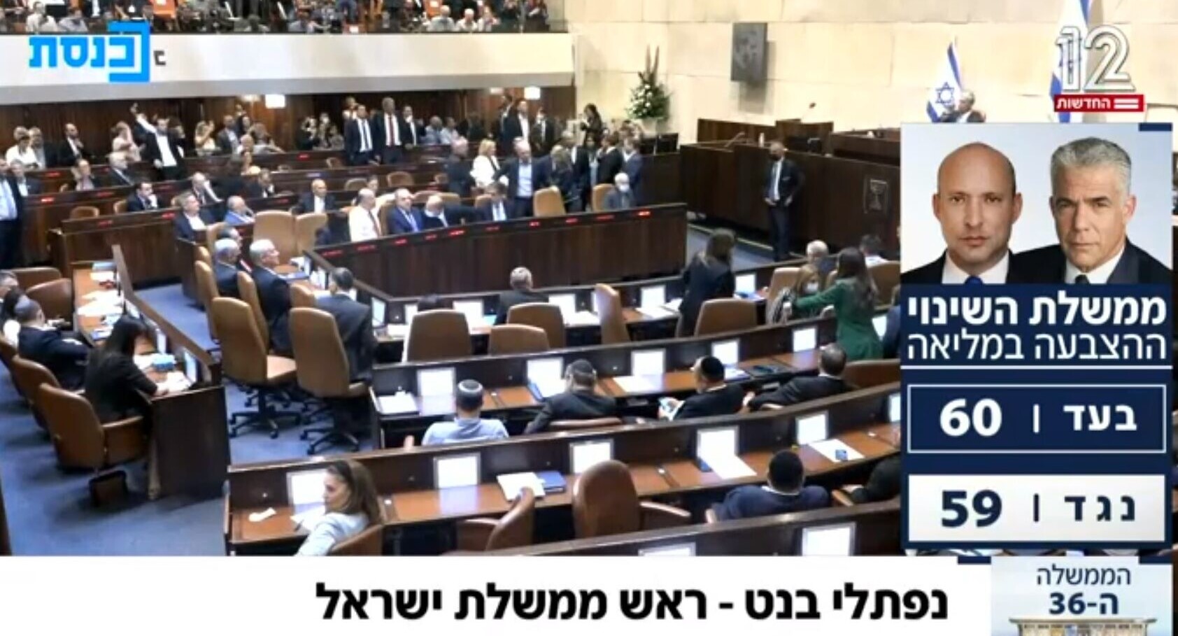 The results for the vote for the new Bennett-Lapid "change" government in the Knesset 60 in favor, 59 against, making Naftali Bennett Israel's Prime Minister," Sunday night, June 13, 2021