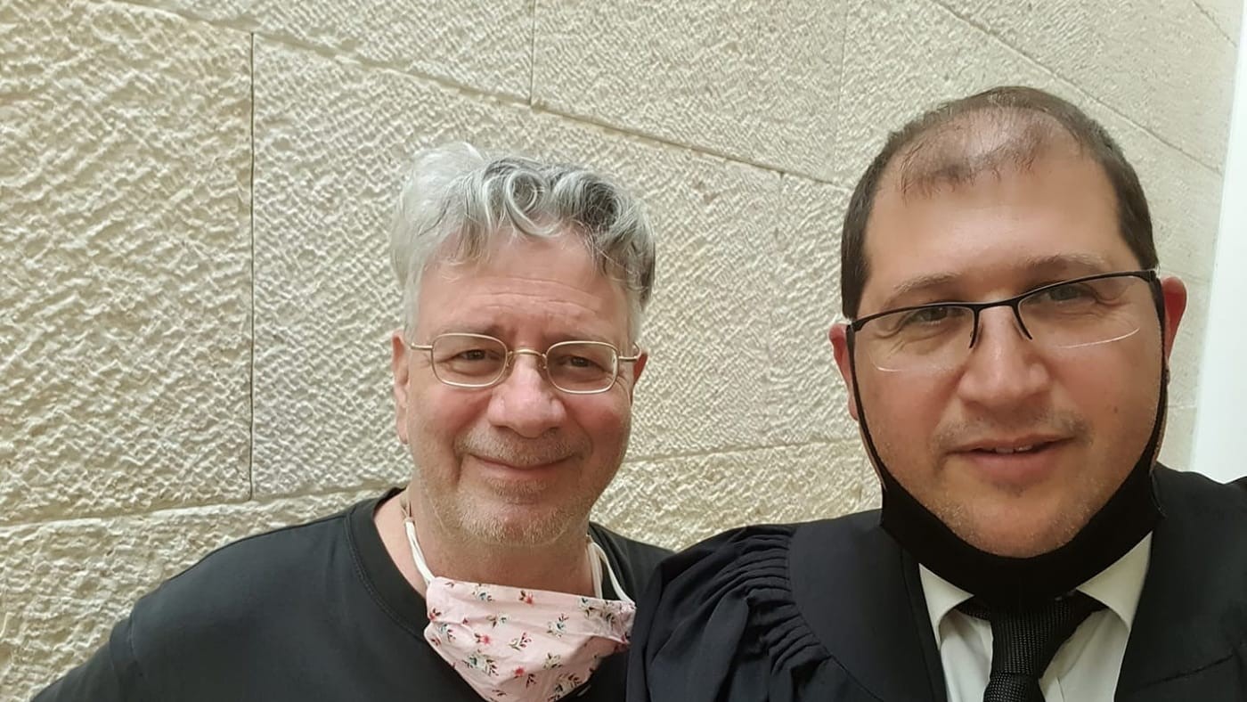 Prof. Oded Goldreich (left) and Atty. Michael Sfard at the High Court of Justice in Jerusalem