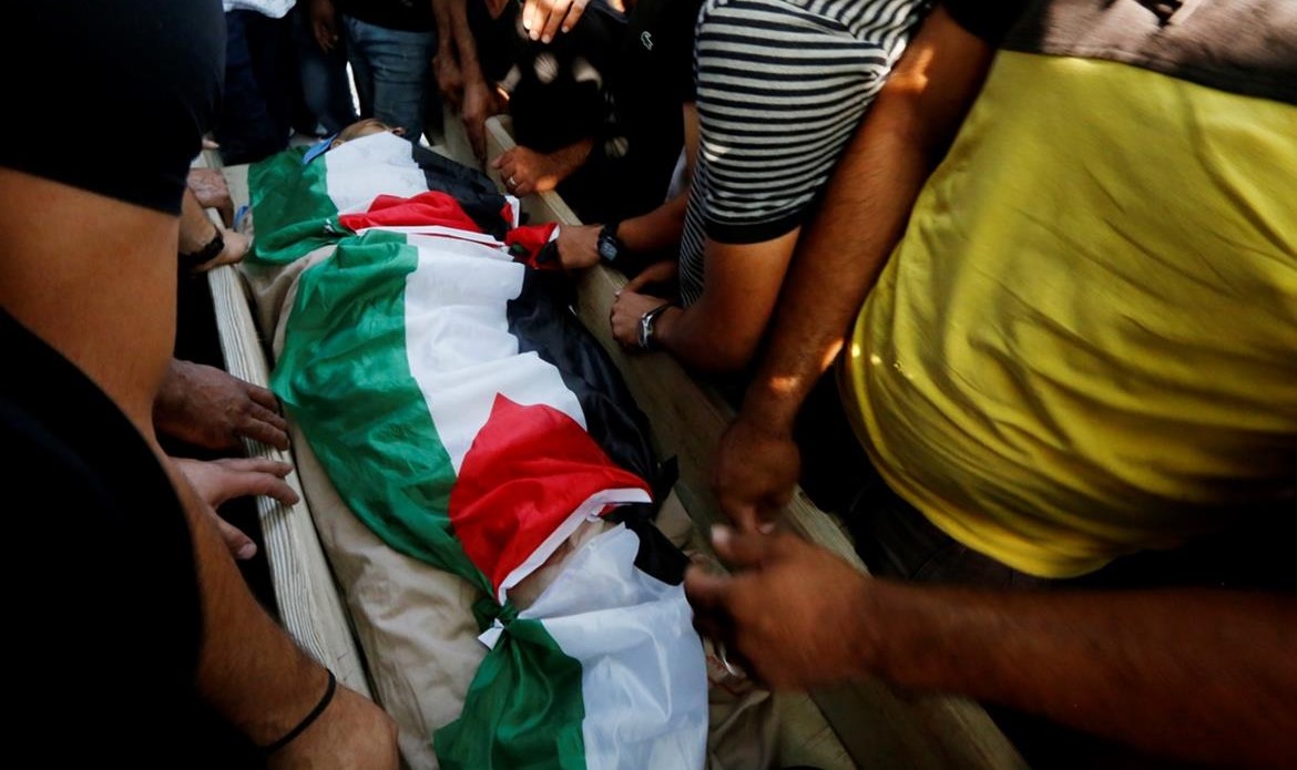 Relatives and friends mourn over the body of 39-year-old Raed Jadallah, killed by Israeli occupation soldiers near the West Bank town of Beit Ur al-Tahta on Tuesday evening, August 31, 2021. Jadallah, the father of 5, had been returning home from a day of work in Jerusalem when he was gunned down and left to bleed to death.
