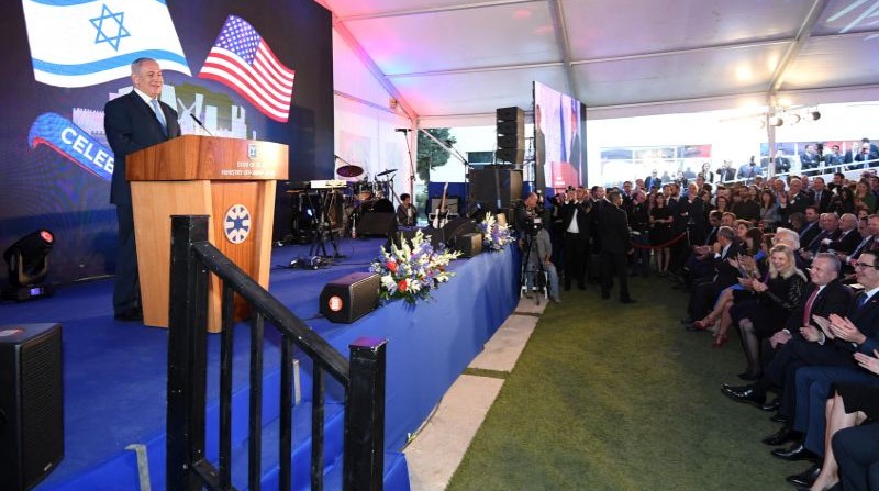 Former Prime Minister Benjamin addresses the official Israeli event acknowledging the relocation of the US Embassy from Tel Aviv, following President Donald Trump’s recognition of Jerusalem as Israel’s capital, May 13, 2018.
