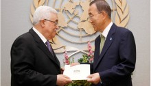 Mahmoud Abbas (left), President of the National Palestinian Authority, delivers an application for full Palestinian membership in the United Nations to SecretaryGeneral Ban Ki-moon.