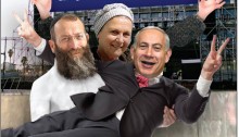 Netanyahu supported by settlers, Baruch Marzel and Daniella Weiss, leaders of the extreme-right (Photomontage: Peace Now)