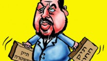 Caricature of Lieberman swinging two government portfolios: his current position, Foreign Minister, to the right, and a non-specified government portfolio to the left.
