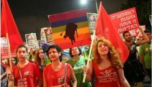 Activists of the Young Communist League in Israel during the Tel-Aviv rally against homophobia and racism, August 8