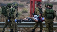 Israeli soldiers treat a wounded Palestinian stone thrower who was shot by undercover members of the Israeli security forces during clashes near the settlement of Beit El on the outskirts of the West Bank city of Ramallah, October 7, 2015.