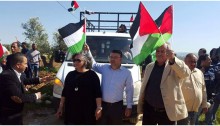 Hadash Members of Knesset Aida Touma-Suleiman and Yousef Jabareen from the Joint List taking part in the Bil'in march, Friday, February 19, 2016, along with former Hadash MK Muhammad Barakeh (Photo: Hadash)