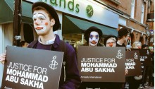 Protesters in London demonstrate in solidarity with Palestinian circus performer Mohammed Abu Sakha whose administrative detention has been extended for another six months by Israel.
