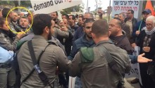 Special forces from Israel’s Border Police suppressing the demonstration against house demolitions and for housing rights held in Jerusalem on Tuesday, March 14. In the circle, MK Yousef Jabareen as he is being assaulted by a border policeman.