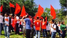 Hadash students commemorating May Day in a demonstration for maintenance workers’ rights at the University of Haifa, May 4, 2017