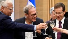 US Ambassador to Israel David Friedman in the Knesset on Tuesday, July 25, with Labor MKs Nachman Shai and Yitzhak Herzog